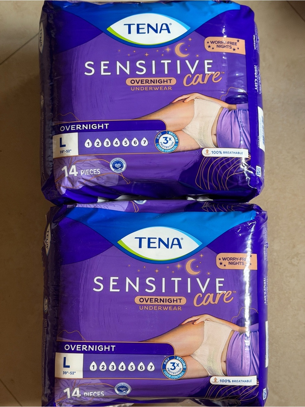 2 Packs TENA Sensitive Care Overnight Underwear LARGE
